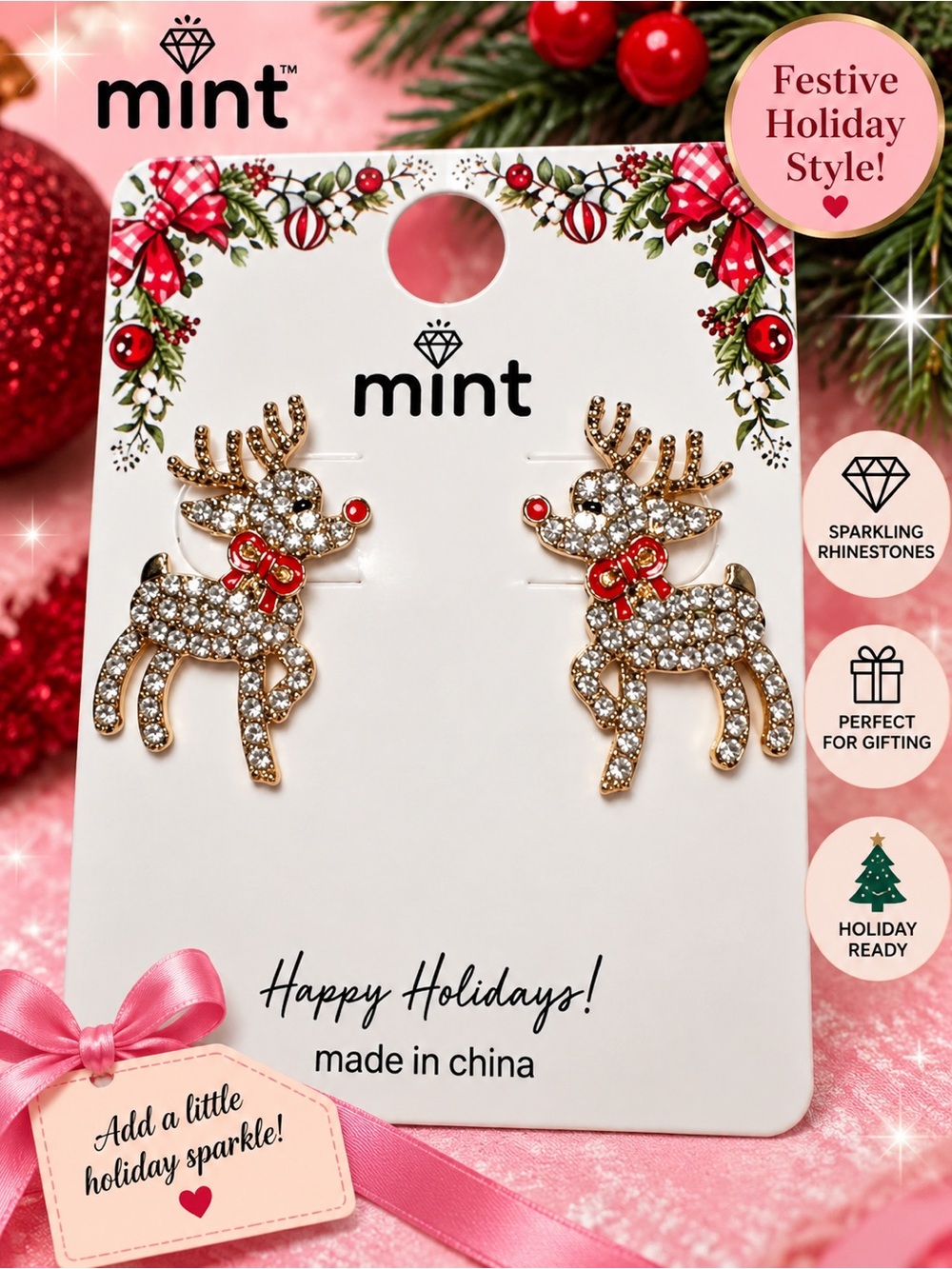 Mint Christmas Reindeer Rhinestone Earrings Red Nose Gold Tone Holiday